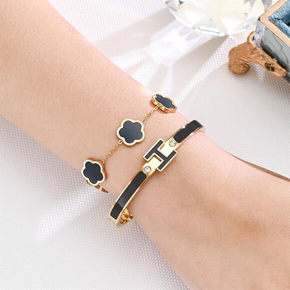 Women’s Gold-Black Stainless Steel H Bangle & Lucky Five-Leaf Clover Bracelets S - Picture 2 of 7